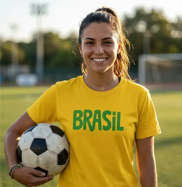 torcedora com bola vestindo a camiseta "brasil"
