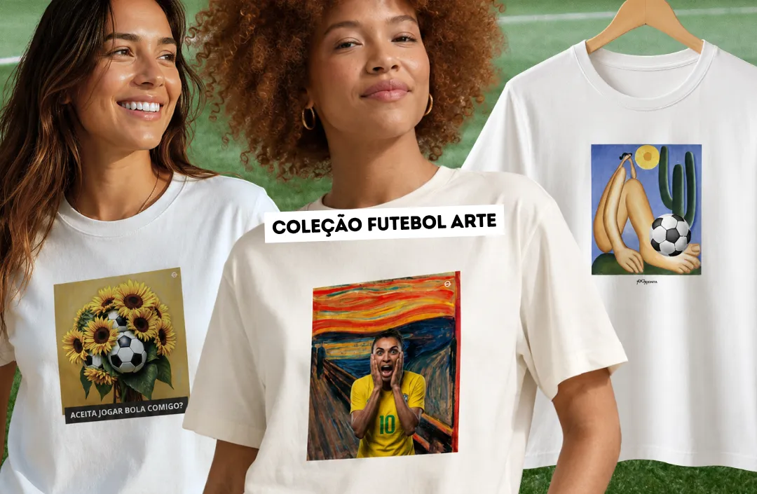 modelos vestindo camisetas da coleção futebol arte